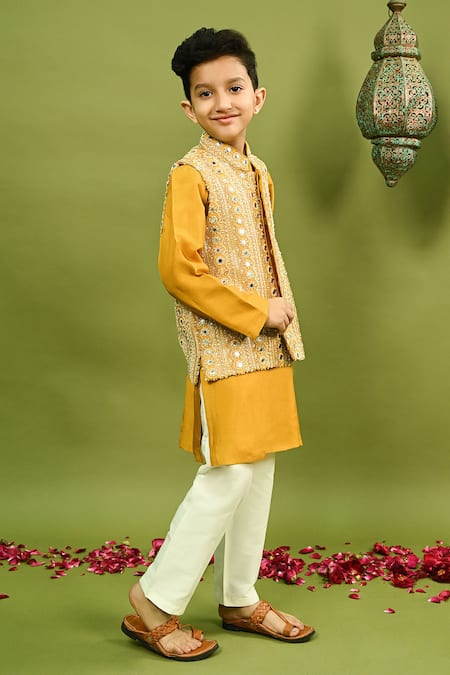 Buy_Taber Tikri_Yellow Silk Beads, Mirrors Embroidered Bundi And Kurta Set _Online_at_Aza_Fashions