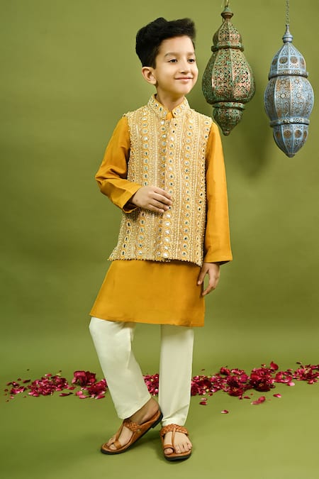 Shop_Taber Tikri_Yellow Silk Beads, Mirrors Embroidered Bundi And Kurta Set _Online_at_Aza_Fashions