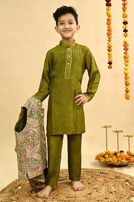 Shop_Taber Tikri_Olive Green Silk Zari Embroidered Bundi And Kurta Set _Online_at_Aza_Fashions