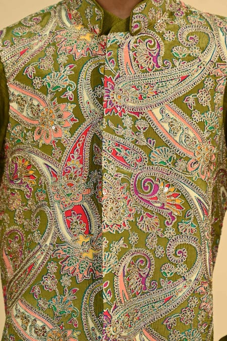 Buy_Taber Tikri_Olive Green Silk Zari Embroidered Bundi And Kurta Set 