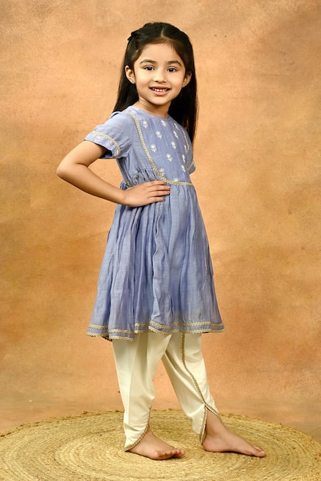 Taber Tikri_Blue Chanderi, Silk, Cotton Embroidery, Gota Thread Kurta And Dhoti Pant Set _Online_at_Aza_Fashions