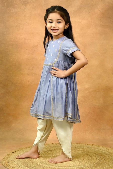 Shop_Taber Tikri_Blue Chanderi, Silk, Cotton Embroidery, Gota Thread Kurta And Dhoti Pant Set _Online_at_Aza_Fashions