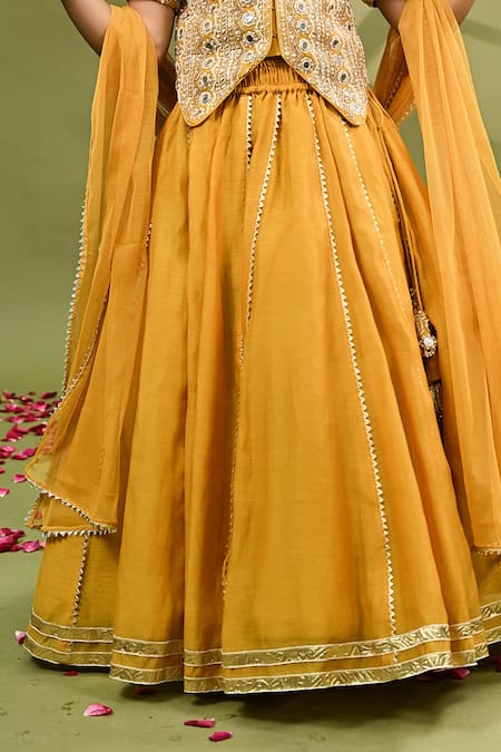 Taber Tikri_Mustard Chanderi, Tissue Mirrors, Tassels, Gota Embroidery Pure Lehenga Set _Online_at_Aza_Fashions