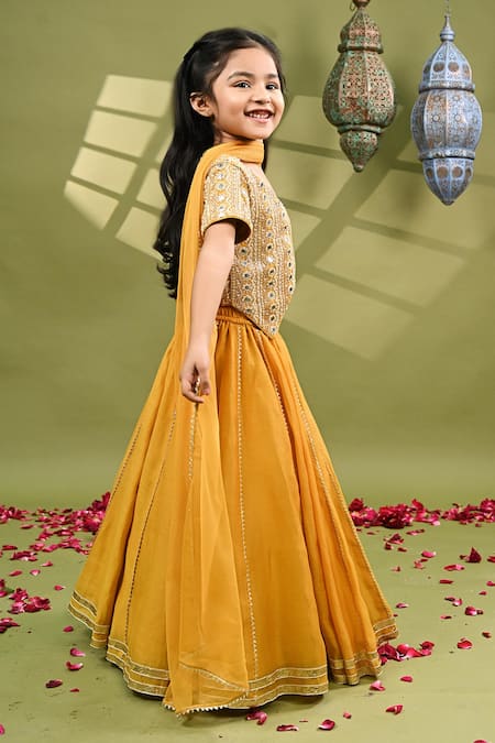 Buy_Taber Tikri_Mustard Chanderi, Tissue Mirrors, Tassels, Gota Embroidery Pure Lehenga Set _Online_at_Aza_Fashions