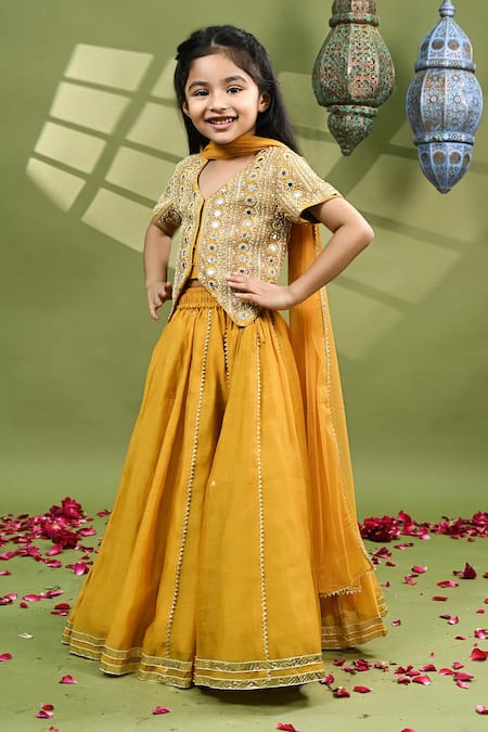 Shop_Taber Tikri_Mustard Chanderi, Tissue Mirrors, Tassels, Gota Embroidery Pure Lehenga Set _Online_at_Aza_Fashions