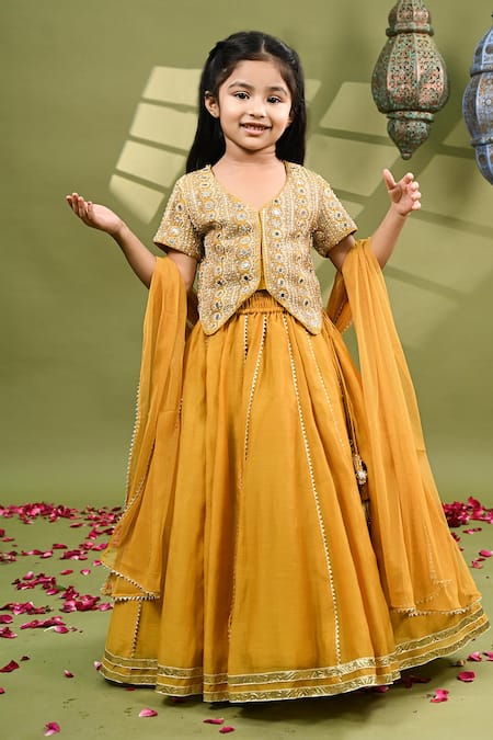 Taber Tikri_Mustard Chanderi, Tissue Mirrors, Tassels, Gota Embroidery Pure Lehenga Set _at_Aza_Fashions