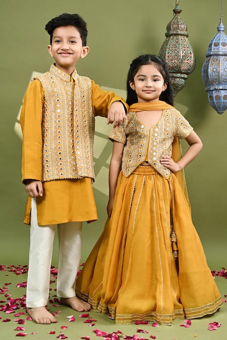 Buy_Taber Tikri_Mustard Chanderi, Tissue Mirrors, Tassels, Gota Embroidery Pure Lehenga Set 