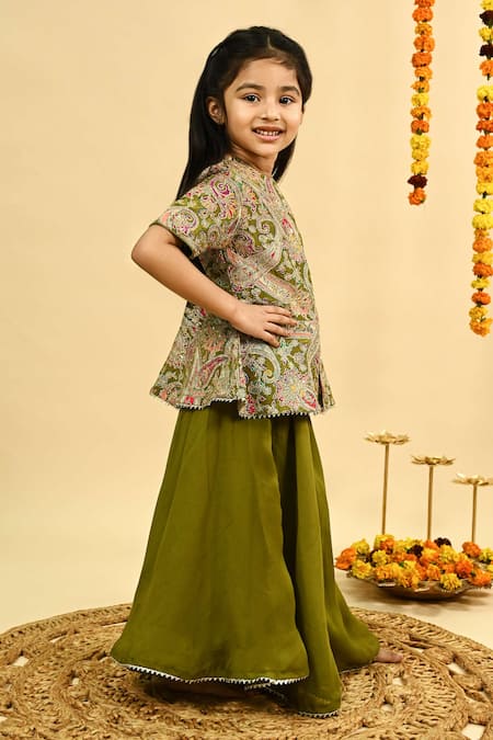 Buy_Taber Tikri_Olive Green Chinon Zari Work Top And Sharara Set _Online_at_Aza_Fashions