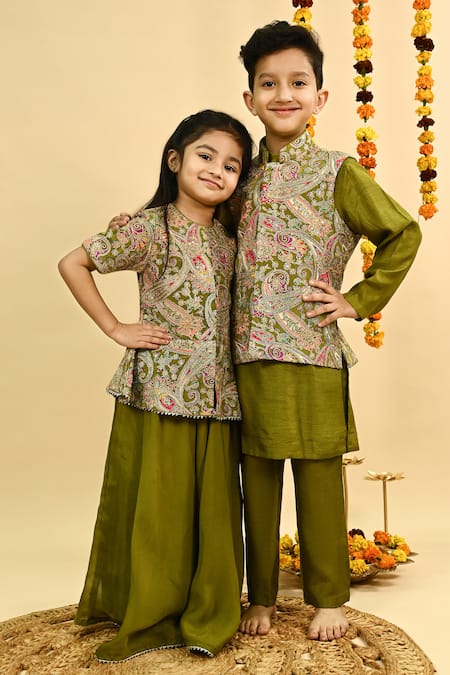 Shop_Taber Tikri_Olive Green Chinon Zari Work Top And Sharara Set _Online_at_Aza_Fashions