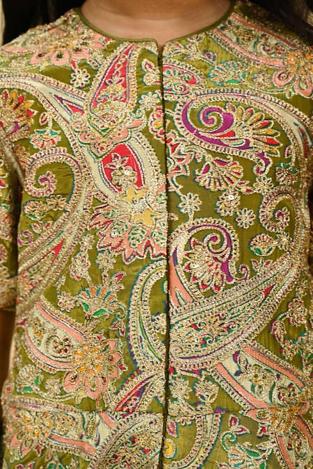 Taber Tikri_Olive Green Chinon Zari Work Top And Sharara Set _at_Aza_Fashions