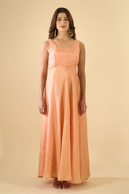 Buy_Naintara Bajaj_Peach Cotton, Tissue Embroidery Open Neck Nafs Jacket And Anarkali Set _Online_at_Aza_Fashions