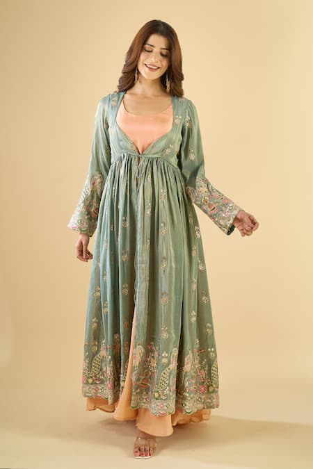 Naintara Bajaj_Peach Cotton, Tissue Embroidery Open Neck Nafs Jacket And Anarkali Set _at_Aza_Fashions