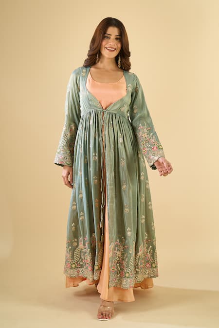 Shop_Naintara Bajaj_Peach Cotton, Tissue Embroidery Open Neck Nafs Jacket And Anarkali Set 