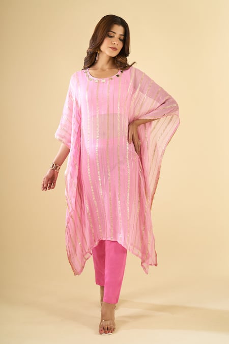Buy Naintara Bajaj Pink Viscose, Cotton Mirrors Scoop Neck Work Kaftan And Pant Set at Aza Fashions Buy_Naintara Bajaj_Pink Viscose, Cotton Mirrors Scoop Neck Work Kaftan And Pant Set _at_Aza_Fashions