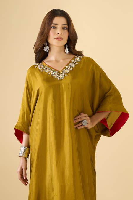 Shop Naintara Bajaj Red Silk Mirrors V-neck Sheesh Cutdana Work Kaftan And Pant Set Online at Aza Fashions Shop_Naintara Bajaj_Red Silk Mirrors V-neck Sheesh Cutdana Work Kaftan And Pant Set _Online_at_Aza_Fashions