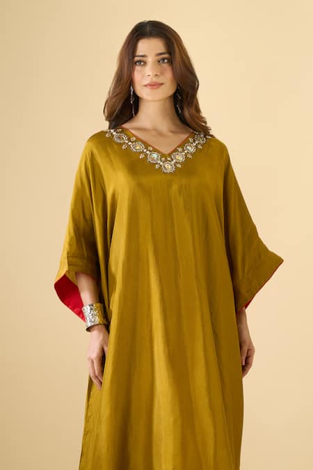 Buy Naintara Bajaj Red Silk Mirrors V-neck Sheesh Cutdana Work Kaftan And Pant Set Buy_Naintara Bajaj_Red Silk Mirrors V-neck Sheesh Cutdana Work Kaftan And Pant Set