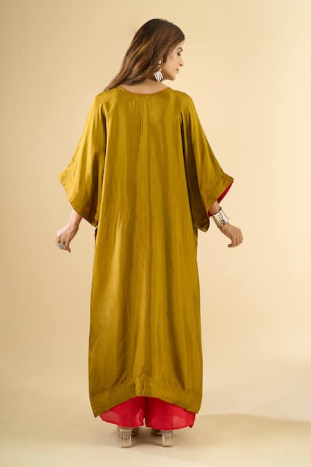 Naintara Bajaj Red Silk Mirrors V-neck Sheesh Cutdana Work Kaftan And Pant Set Online at Aza Fashions Naintara Bajaj_Red Silk Mirrors V-neck Sheesh Cutdana Work Kaftan And Pant Set _Online_at_Aza_Fashions