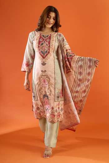 Buy_Khwaab By Sanjana Lakhani_Peach Muslin Mirrors Round Neck Neo Work Kurta And Pant Set _Online_at_Aza_Fashions