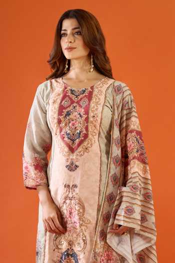Buy_Khwaab By Sanjana Lakhani_Peach Muslin Mirrors Round Neck Neo Work Kurta And Pant Set 