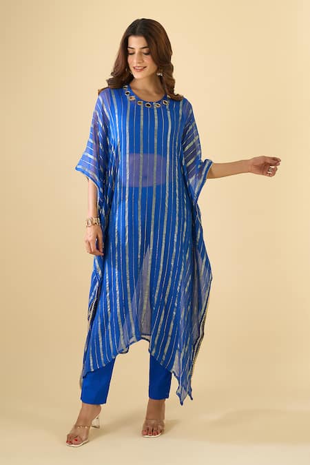 Buy_Naintara Bajaj_Blue Viscose, Cotton Mirrors Round Neck Work Kaftan Set _Online_at_Aza_Fashions