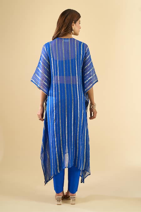 Naintara Bajaj_Blue Viscose, Cotton Mirrors Round Neck Work Kaftan Set _Online_at_Aza_Fashions