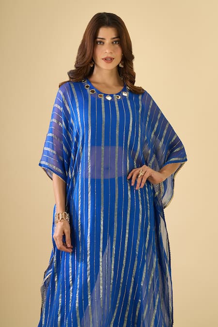 Naintara Bajaj_Blue Viscose, Cotton Mirrors Round Neck Work Kaftan Set _at_Aza_Fashions
