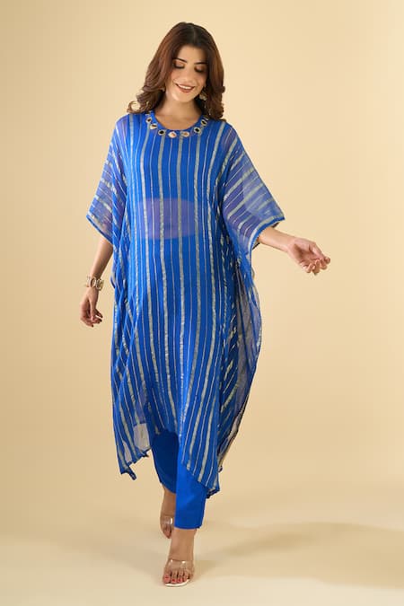 Shop_Naintara Bajaj_Blue Viscose, Cotton Mirrors Round Neck Work Kaftan Set 