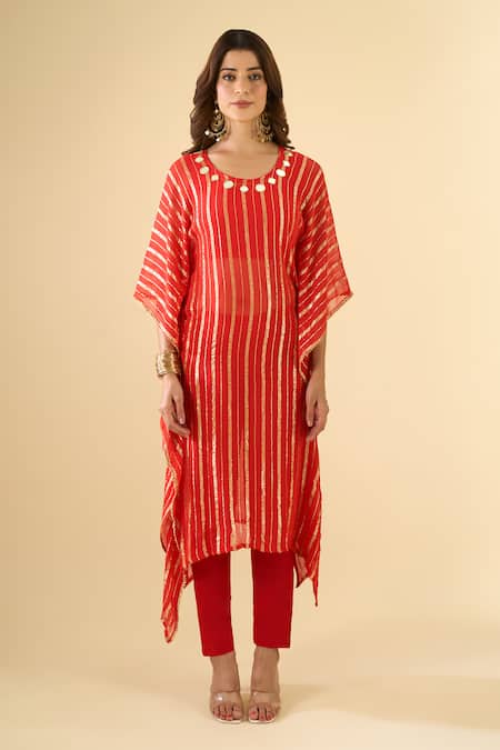 Buy_Naintara Bajaj_Red Viscose, Cotton Mirrors Scoop Neck Work Kurta And Palazzo Set _Online_at_Aza_Fashions