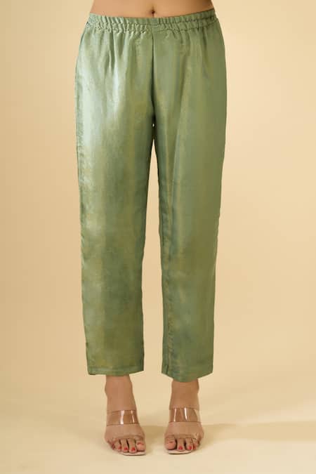 Buy_Naintara Bajaj_Green Tissue V-neck Ramika Printed Kurta Set _Online_at_Aza_Fashions