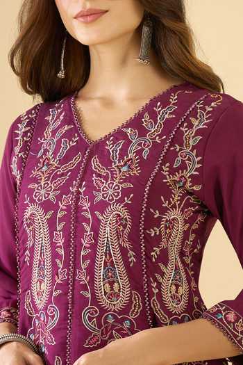 Buy Purple Silk Embroidery V-neck Avira Emboridered Kurta And Palazzo Set For Women by Khwaab By Sanjana Lakhani Online at in AE