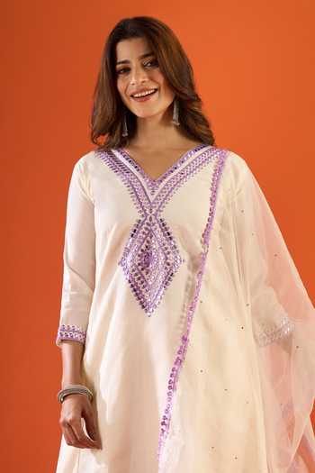 Buy_Khwaab By Sanjana Lakhani_White Silk, Organza Embroidery V-neck Roman Kurta Set _Online_at_Aza_Fashions