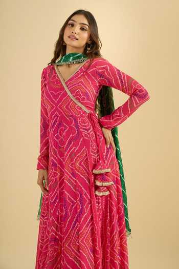 Buy_Khwaab By Sanjana Lakhani_Green Georgette Zari V-neck Bandhani Print Anarkali With Dupatta _Online_at_Aza_Fashions