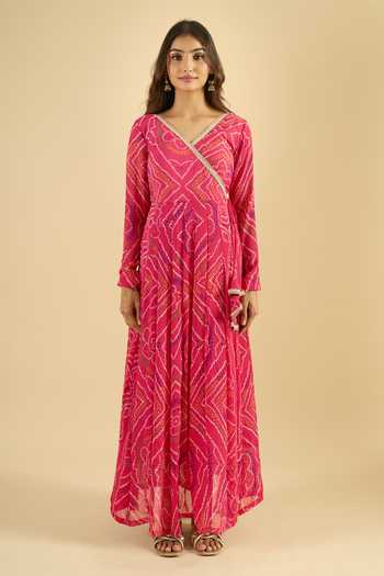 Shop_Khwaab By Sanjana Lakhani_Green Georgette Zari V-neck Bandhani Print Anarkali With Dupatta _Online_at_Aza_Fashions