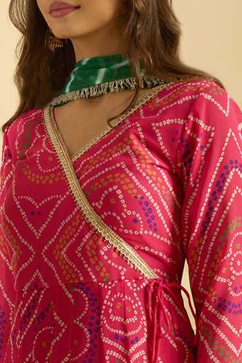 Buy_Khwaab By Sanjana Lakhani_Green Georgette Zari V-neck Bandhani Print Anarkali With Dupatta 