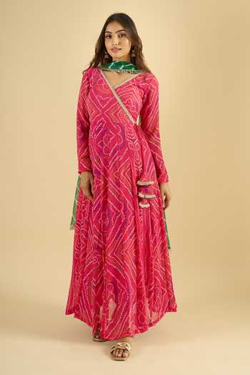 Shop_Khwaab By Sanjana Lakhani_Green Georgette Zari V-neck Bandhani Print Anarkali With Dupatta 