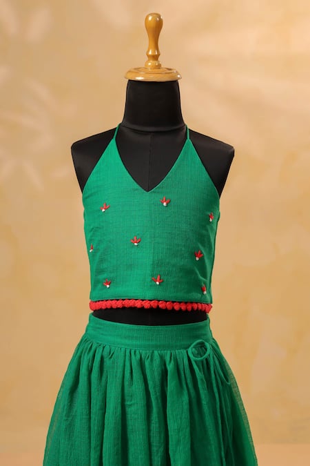 Casa Ninos_Green Kota Doria Embroidery, Pom-poms Blouse And Lehenga Set _Online_at_Aza_Fashions