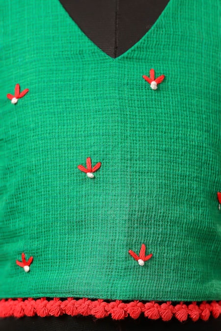Buy_Casa Ninos_Green Kota Doria Embroidery, Pom-poms Blouse And Lehenga Set _Online_at_Aza_Fashions