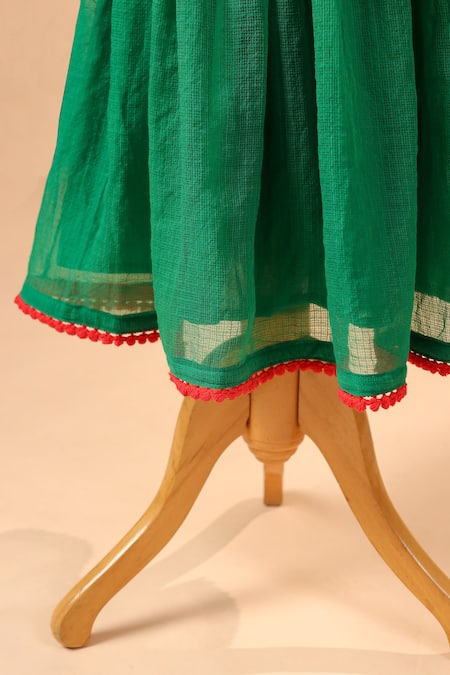 Shop_Casa Ninos_Green Kota Doria Embroidery, Pom-poms Blouse And Lehenga Set _Online_at_Aza_Fashions