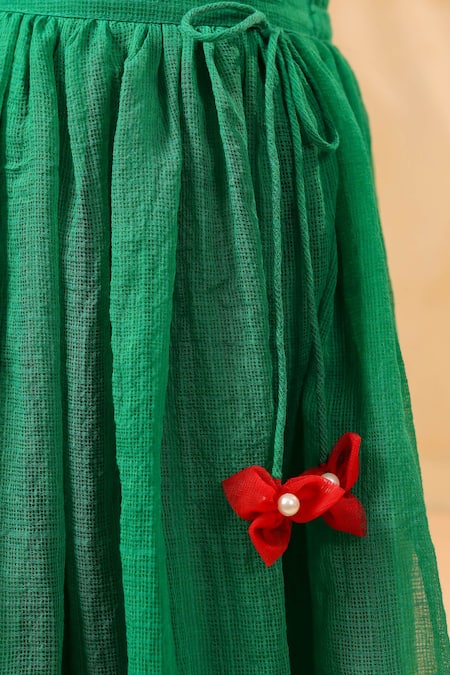 Casa Ninos_Green Kota Doria Embroidery, Pom-poms Blouse And Lehenga Set _at_Aza_Fashions