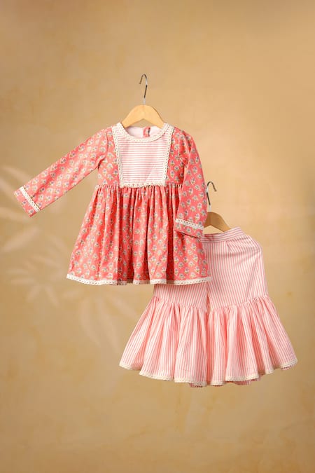 Casa Ninos Floral Print Cotton Kurta & Sharara Set 