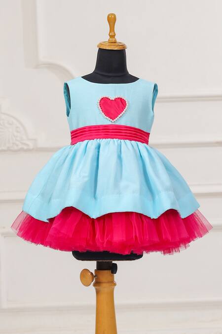 Casa Ninos_Pink Dupion Bows Heart Patch Blue Dress _Online_at_Aza_Fashions