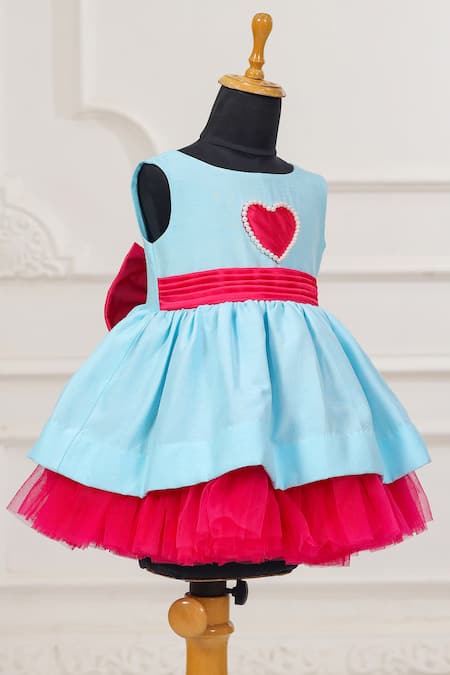 Buy_Casa Ninos_Pink Dupion Bows Heart Patch Blue Dress _Online_at_Aza_Fashions