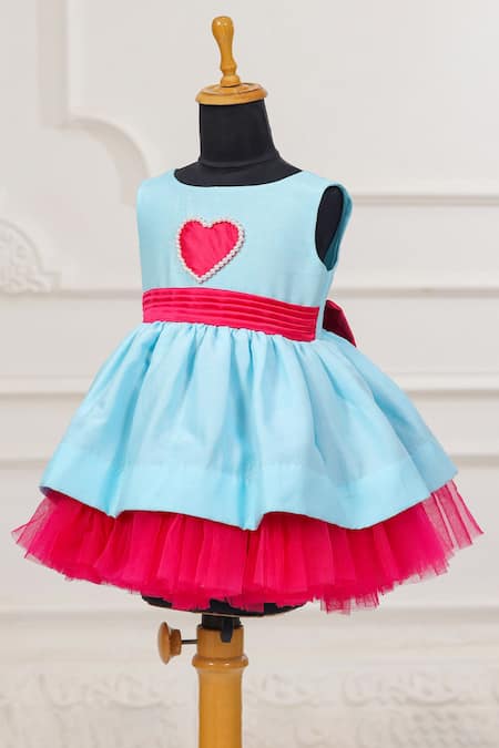 Shop_Casa Ninos_Pink Dupion Bows Heart Patch Blue Dress _Online_at_Aza_Fashions
