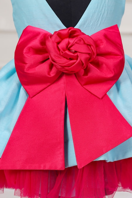 Casa Ninos_Pink Dupion Bows Heart Patch Blue Dress _at_Aza_Fashions