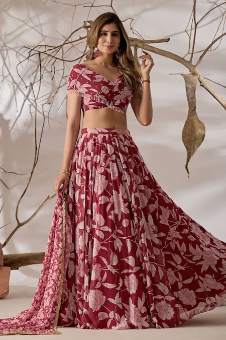 Buy_Damoiselle_White Viscose Georgette Sequins, Beads, Zari, Madhubala Printed Lehenga Set _Online_at_Aza_Fashions
