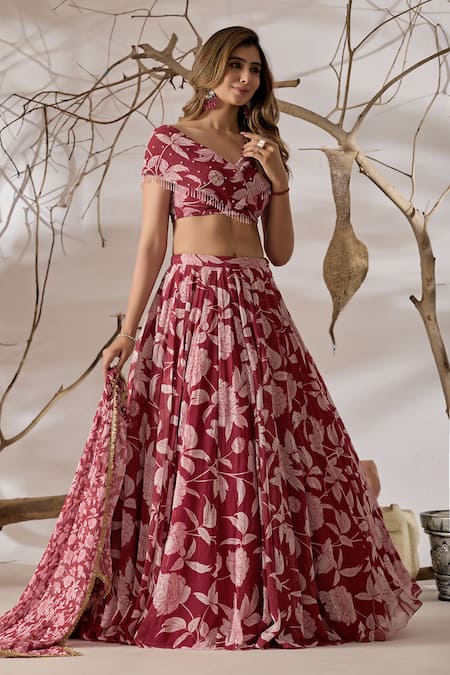 Shop_Damoiselle_White Viscose Georgette Sequins, Beads, Zari, Madhubala Printed Lehenga Set _Online_at_Aza_Fashions