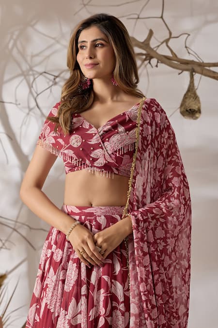 Buy_Damoiselle_White Viscose Georgette Sequins, Beads, Zari, Madhubala Printed Lehenga Set 