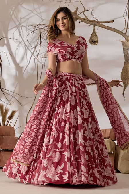 Shop_Damoiselle_White Viscose Georgette Sequins, Beads, Zari, Madhubala Printed Lehenga Set 