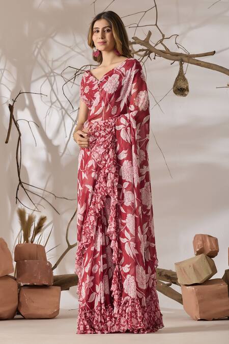 Buy_Damoiselle_White Viscose Georgette Ruffles, Embroidery Gulmarg Rose Printed Saree Set _Online_at_Aza_Fashions