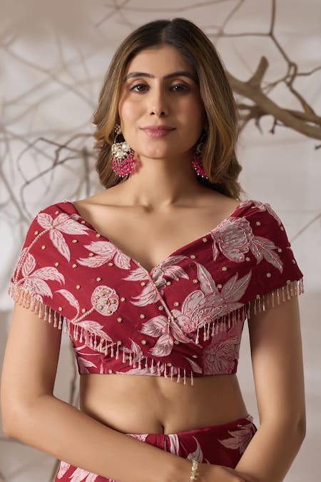 Shop_Damoiselle_White Viscose Georgette Ruffles, Embroidery Gulmarg Rose Printed Saree Set _Online_at_Aza_Fashions